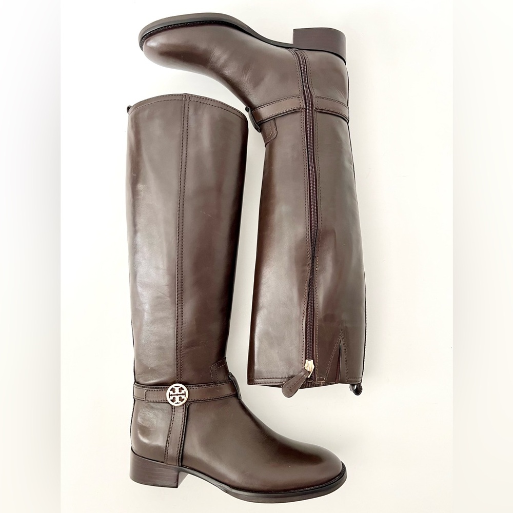 TORY BURCH | Tall Riding Boots Bristol Dark Brown Coconut Leather Size 7 - Picture 3 of 15